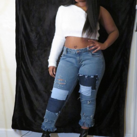 Custom Cut Denim Jean with Patches - Picture 4 of 5